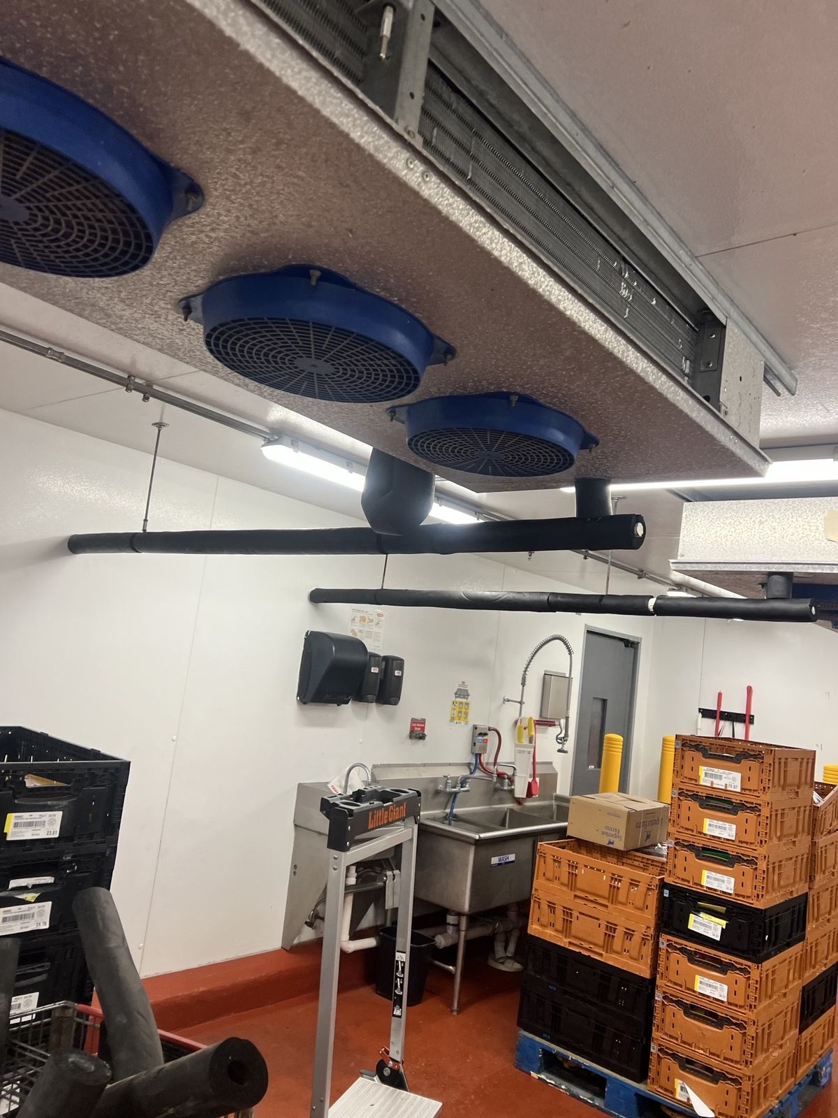 Walk-in cooler evaporator fans above a commercial prep room